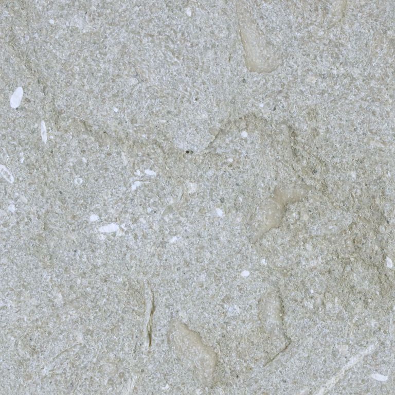 Color/Finish variation image for Veneto Olivo Limestone. The surface finish shown is sand blasted. Dominant colors shown are beige, gray and tan.