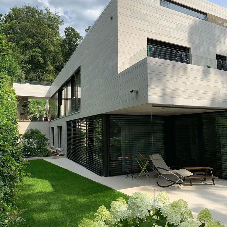 Application image for Veneto Beige Limestone. The image shows this material being used for patio pavers, full bed veneer and thin veneer. The surface finish shown is . Dominant colors shown are beige, tan and cream. The color mix creates a warm feeling.