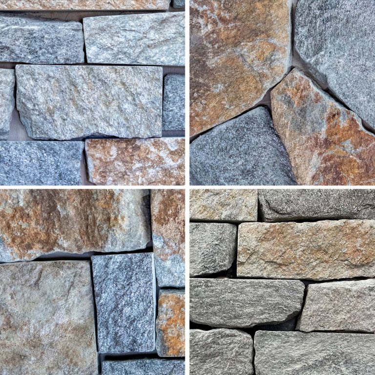 Best close-up image for Granite - Dover Blend Tin Veneer. Dominant colors shown are blue and gray. The color mix creates a cool feeling. Streaked, speckled and random color patterns.