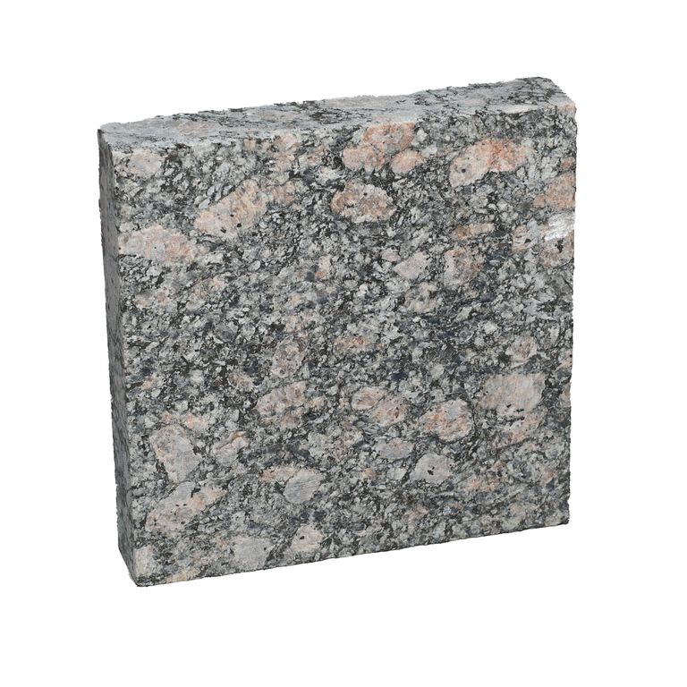 Oblique image for Pink Leopard Granite. The surface finish shown is flamed. Dominant colors shown are gray and pink.