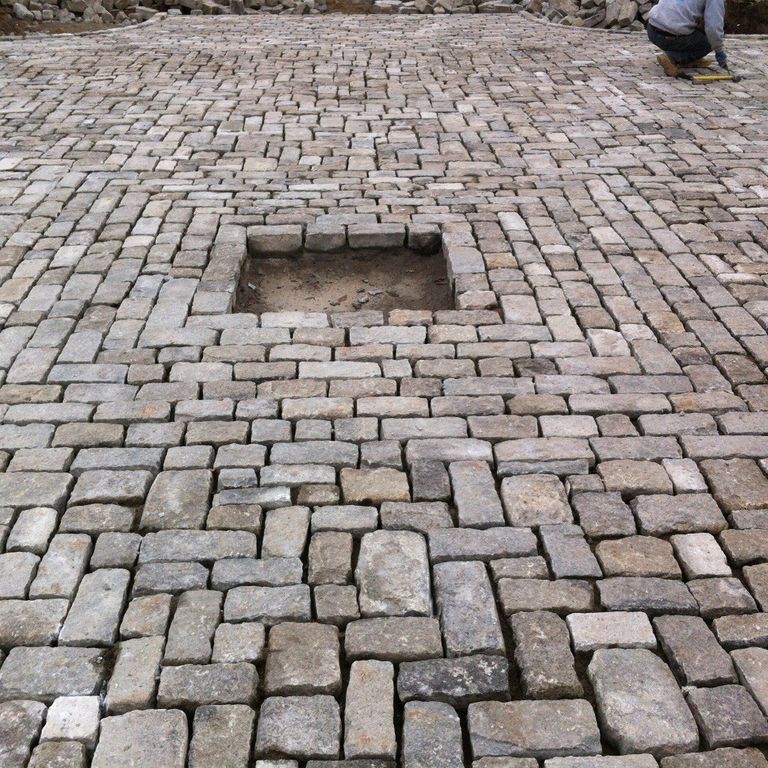 The image shows this material being used for driveway pavers and patio pavers.