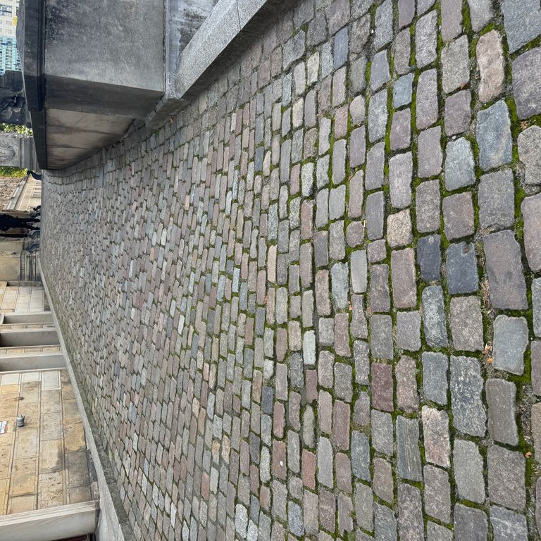 Feature image for Granite - Reclaimed Swedish Cobblestones. The image shows this material being used for path pavers and public area. The surface finish shown is antiqued. The dominant color shown is gray. The color mix creates a warm feeling.