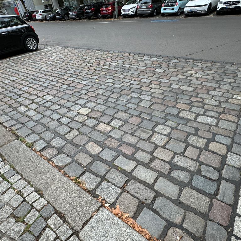 Application image for Granite - Reclaimed Swedish Cobblestones. The image shows this material being used in a driveway aprons application. The surface finish shown is antiqued. The dominant color shown is gray. The color mix creates a warm feeling.