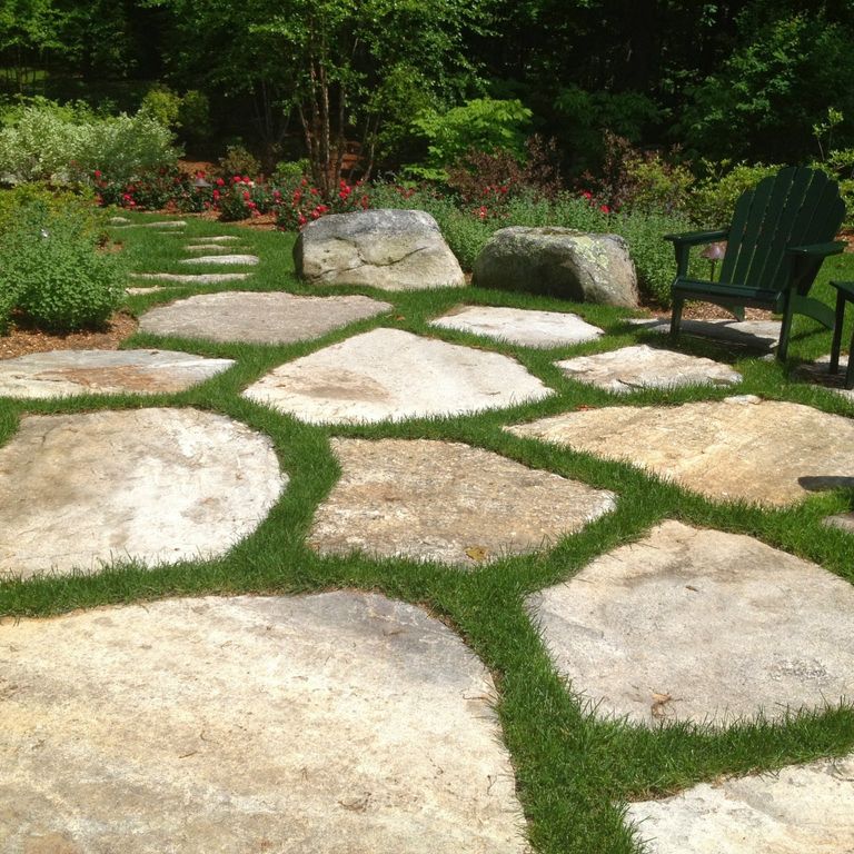 The image shows this material being used in a patio pavers application. Dominant colors shown are beige and tan; with a cream secondary. The color mix creates a warm feeling. Regular and random color patterns.