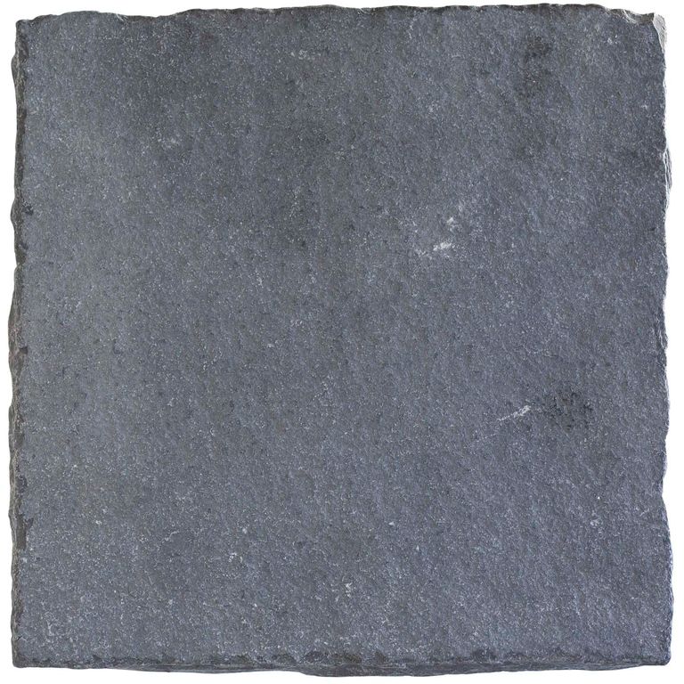 Color/Finish variation image for Limestone - Bahama Black. The surface finish shown is tumbled. The dominant color shown is gray; with blue, brown, green and purple secondaries. The color mix creates a cool feeling. Regular, fine speckled, blotched and cloudy color patterns.
