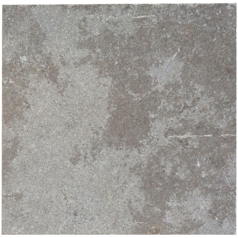 Color/Finish variation image for Mississippi Grey Limestone. The surface finishes shown are fine free form bush hammered and honed. The dominant color shown is gray; with beige, purple and white secondaries. Exhibits 