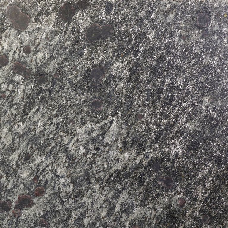 Close-up image for Metal Dust Quartzite. The surface finish shown is honed. The dominant color shown is gray; with black, brown, green, purple and white secondaries. Exhibits 