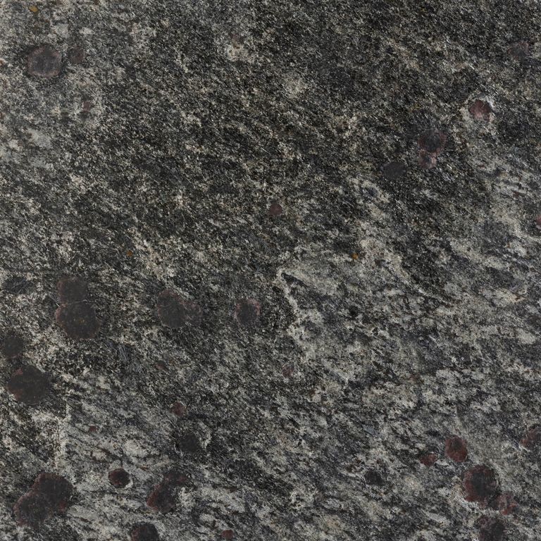 Feature image for Metal Dust Quartzite. Dominant colors shown are black, brown and gray; with beige, green and purple secondaries. The color mix creates a cool feeling. Regular, speckled, blotched and cloudy color patterns.