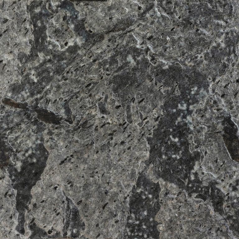 Color/Finish variation image for Silver Marine Quartzite. The surface finish shown is brushed. Dominant colors shown are black, brown and gray; with green and purple secondaries. Exhibits 