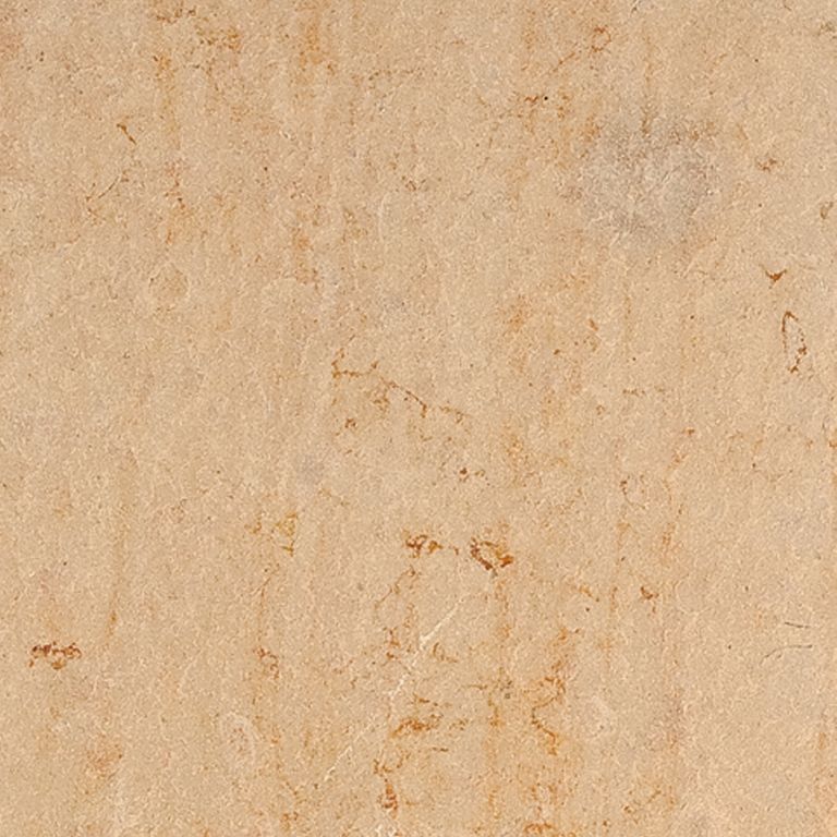 Color/Finish variation image for Cream Limestone. The surface finish shown is flamed. Dominant colors shown are beige, orange/rust and tan; with a brown secondary. The color mix creates a warm feeling. Regular and cloudy color patterns.