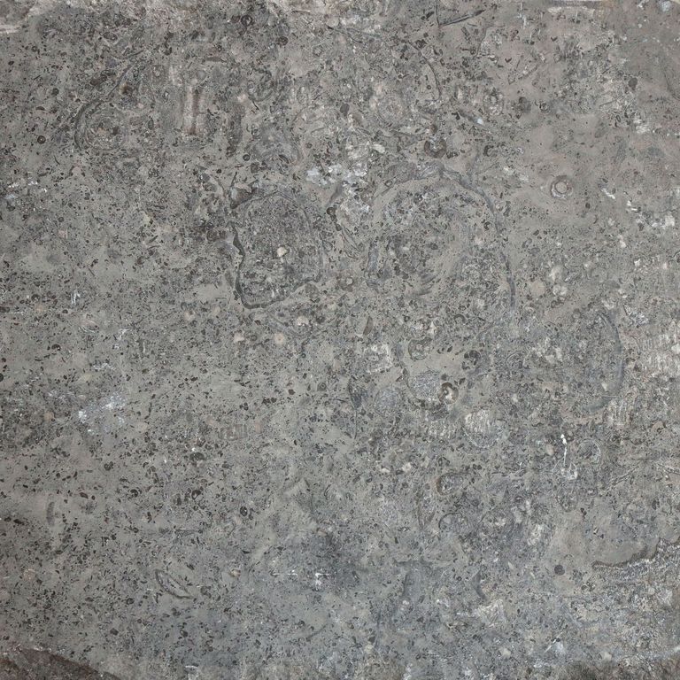 The surface finish shown is . The dominant color shown is gray. The color mix creates a cool feeling. Random and blotched color patterns. Contains some mica and mineral inclusions.