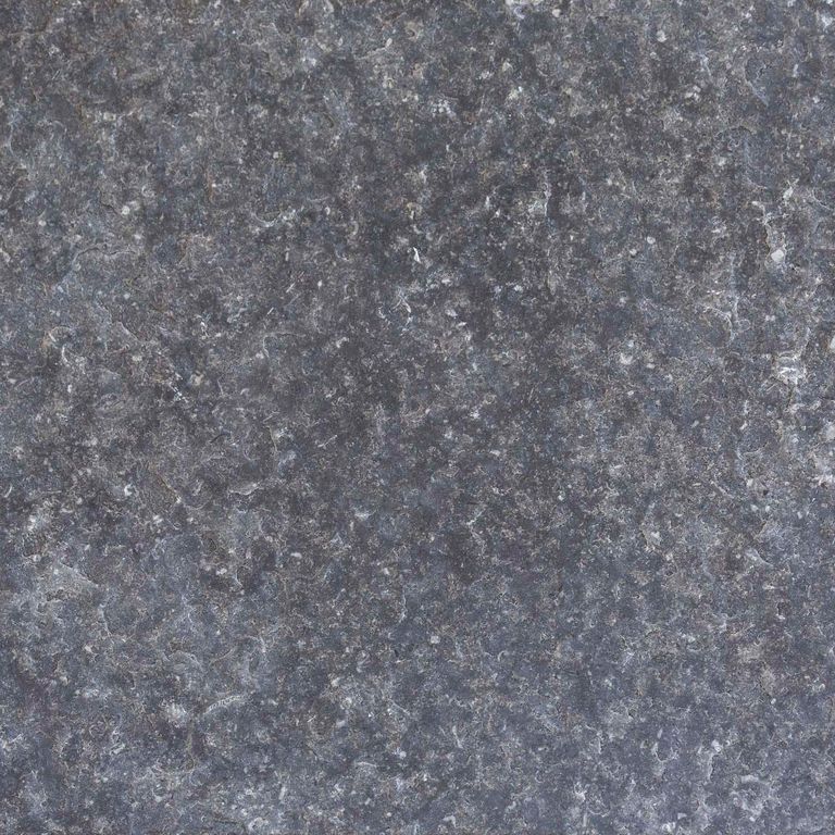 Color/Finish variation image for Northern Gray Limestone. The surface finishes shown are brushed and flamed. Dominant colors shown are blue, gray and purple; with brown and green secondaries. The color mix creates a cool feeling. Coarse speckled color pattern.