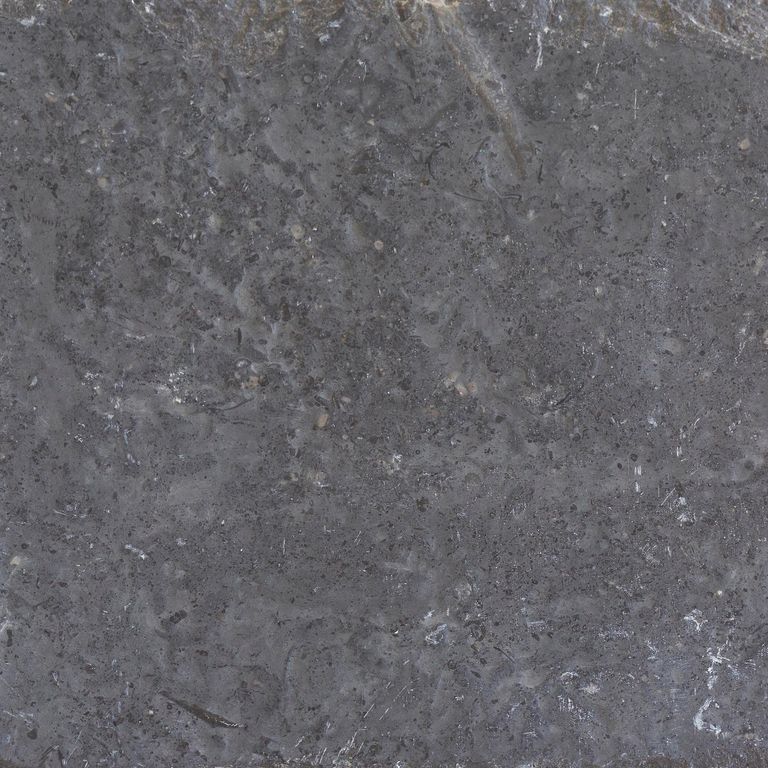 Close-up image for Northern Gray Limestone. The surface finishes shown are brushed and flamed. The dominant color shown is gray; with brown, green and purple secondaries. The color mix creates a cool feeling. Regular and blotched color patterns.
