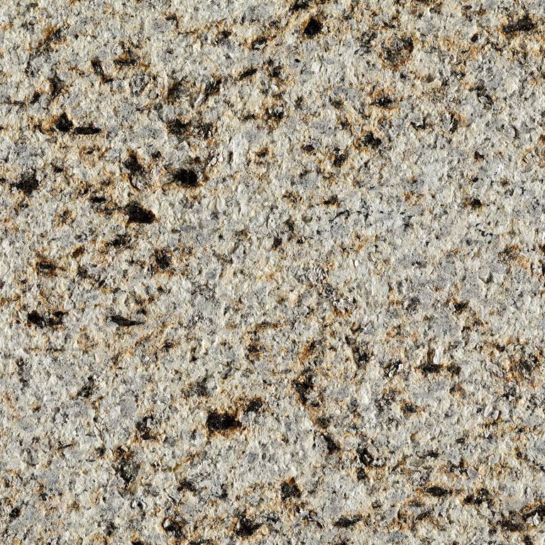 Color/Finish variation image for Granite - Yellow Corn. The surface finish shown is sand blasted. Dominant colors shown are gray, yellow and tan; with beige, brown, green, purple, white and tan secondaries. The color mix creates a warm feeling. Coarse speckled color pattern.