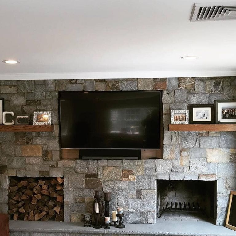 Application image for Granite - Nutmeg Ridge. The image shows this material being used for fireplace surround, full bed veneer, thin veneer and interior cladding.