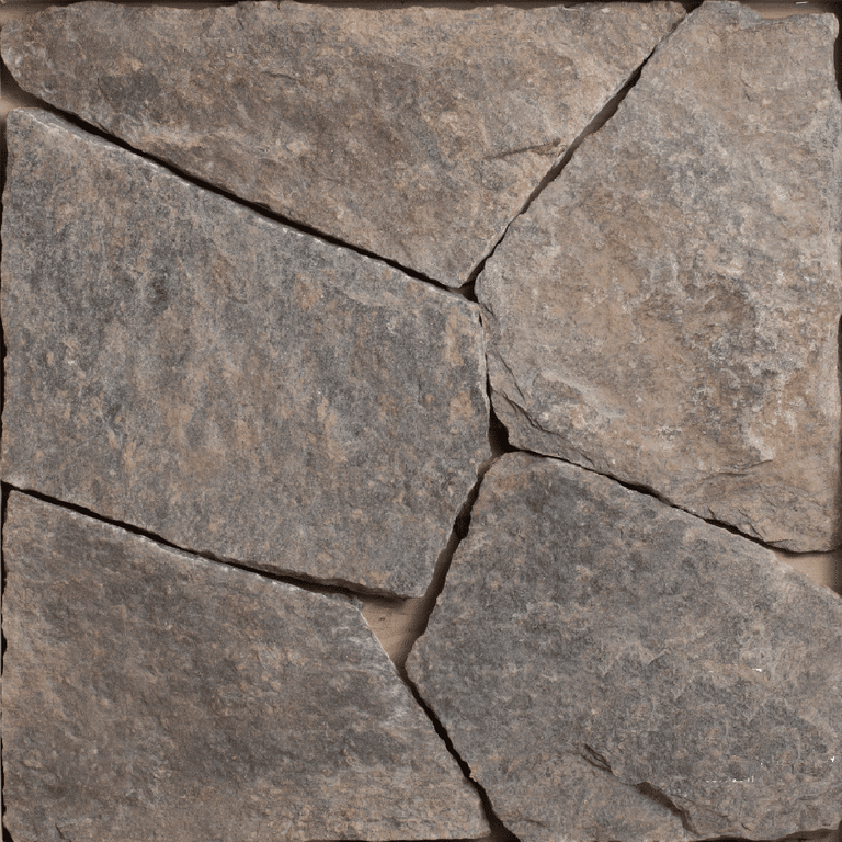 Close-up image for Hudson Blend Granite. The surface finish shown is natural cleft. Dominant colors shown are brown, gray and purple; with green, orange/rust and tan secondaries. The color mix creates a warm feeling. Regular and cloudy color patterns.