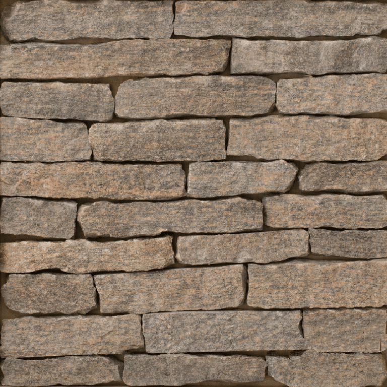 Feature image for Hudson Blend Granite. The image shows this material being used for full bed veneer and thin veneer. The dominant color shown is brown; with beige, gray, orange/rust and tan secondaries. The color mix creates a warm feeling. Regular and linear color patterns.