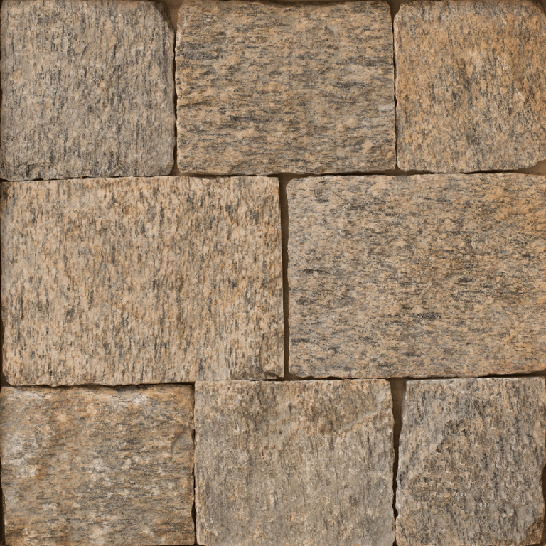 Close-up image for Litchfield Mountain Granite. The surface finish shown is split-face. Dominant colors shown are brown and tan; with beige, gray and orange/rust secondaries. The color mix creates a warm feeling. Speckled and linear color patterns.