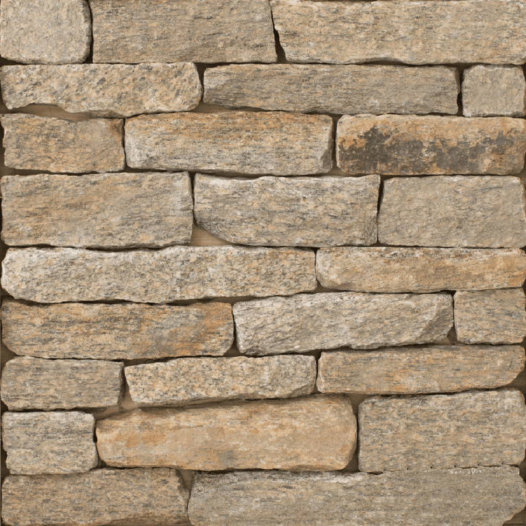 Feature image for Litchfield Mountain Granite. The image shows this material being used for full bed veneer and thin veneer. Dominant colors shown are brown and tan; with beige, gray and orange/rust secondaries. The color mix creates a warm feeling. Regular, speckled, blotched and linear color patterns.