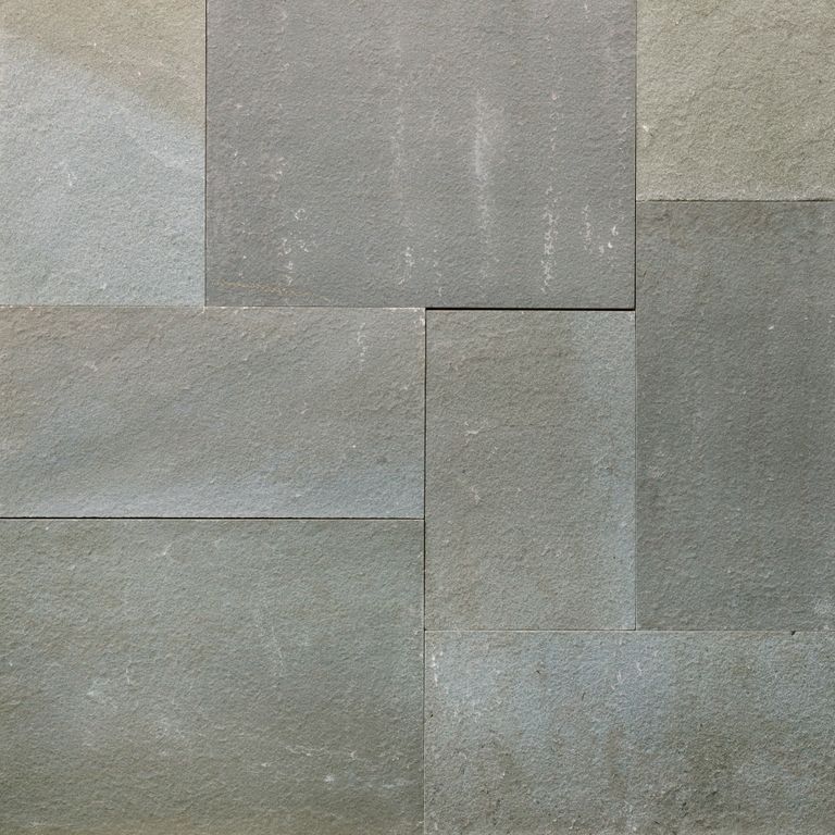Best close-up image for Bluestone - Green/Brown - Flamed Finish. The surface finish shown is flamed. Dominant colors shown are green and gray. The color mix creates a cool feeling. Regular color pattern.