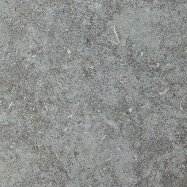 Close-up image for Barcelona Limestone. The surface finish shown is honed. The dominant color shown is gray; with blue, brown, green and white secondaries. Exhibits 