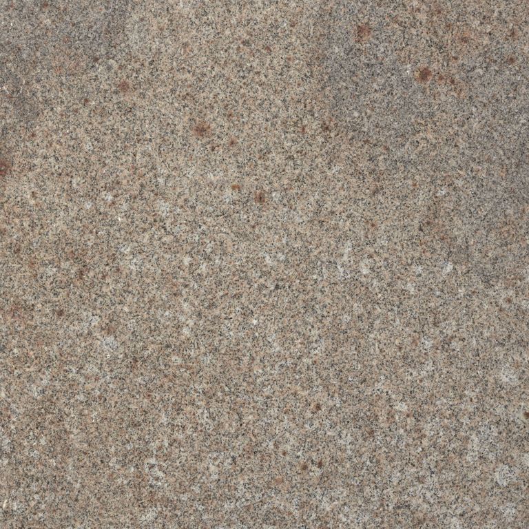 Feature image for Oak Hill Granite. Dominant colors shown are brown, gray and tan; with beige, orange/rust and purple secondaries. Exhibits 