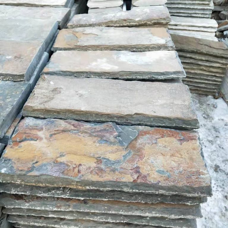 Feature image for Mandarin Rusty Slate. The dominant color shown is gray; with beige, blue, brown, green, orange/rust, pink, purple, white, tan and cream secondaries. Random and blotched color patterns.