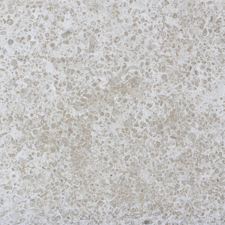 Close-up image for Sona Beige Limestone. The surface finish shown is honed. Dominant colors shown are beige, gray and white; with brown and pink secondaries. Exhibits 
