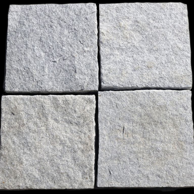 Best close-up image for Granite - Pavers - Square - Gray. The surface finish shown is split-face. Dominant colors shown are gray and white; with beige and white secondaries. The color mix creates a cool feeling. Regular and blotched color patterns. Contains some mica.
