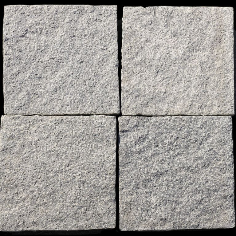 Feature image for Granite - Pavers - Square - Gray. The dominant color shown is gray; with beige, pink, purple, white and cream secondaries. The color mix creates a cool feeling. Speckled and cloudy color patterns.