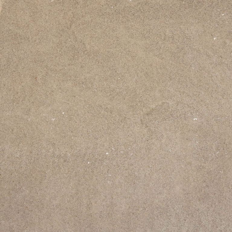 Color/Finish variation image for Spanish Amalfi Limestone. The surface finish shown is brushed. The dominant color shown is tan. The color mix creates a warm feeling. Fine speckled and speckled color patterns. Contains some mica.