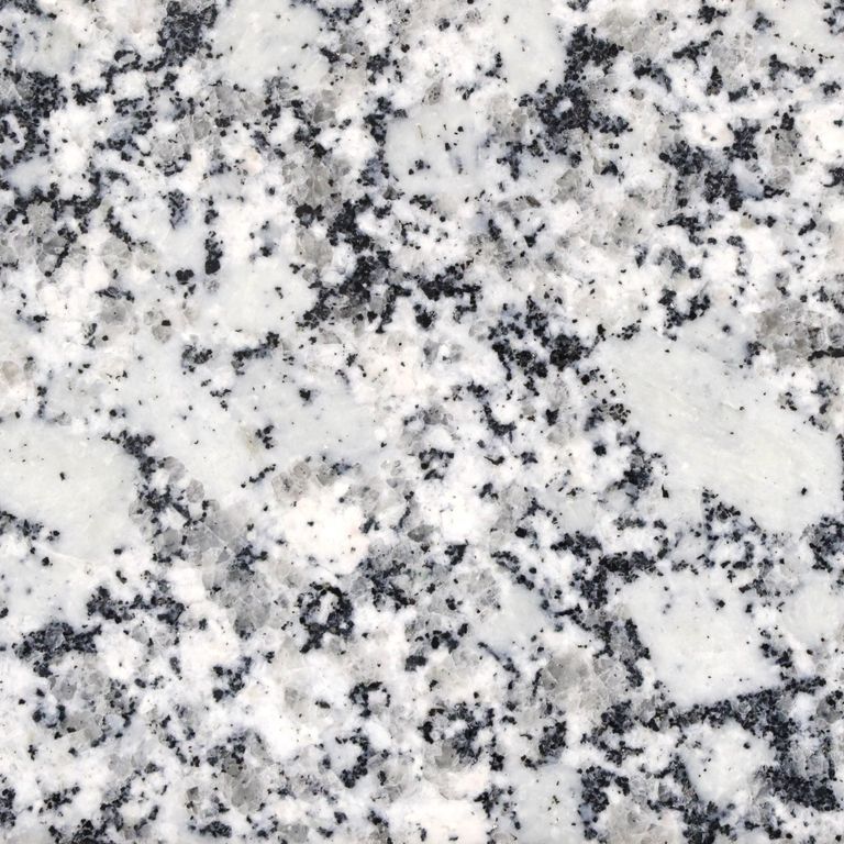 Color/Finish variation image for Gray Ice Granite. The surface finish shown is polished. Dominant colors shown are gray and white; with black and cream secondaries. The color mix creates a cool feeling. Blotched and coarse speckled color patterns.