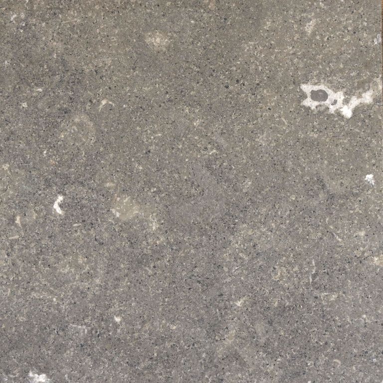 Feature image for Blue Noble Limestone. Dominant colors shown are gray and purple; with brown, green, orange/rust and tan secondaries. The color mix creates a warm feeling. Random, fine speckled and blotched color patterns. Contains mineral inclusions.