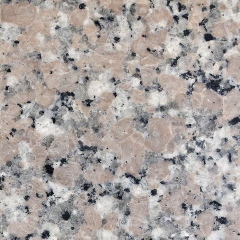 Feature image for Kershaw Pink Granite. Dominant colors shown are gray, orange/rust, pink and white; with beige, black, blue, purple, tan and cream secondaries. The color mix creates a cool feeling. Coarse speckled and blotched color patterns. Contains some mica.