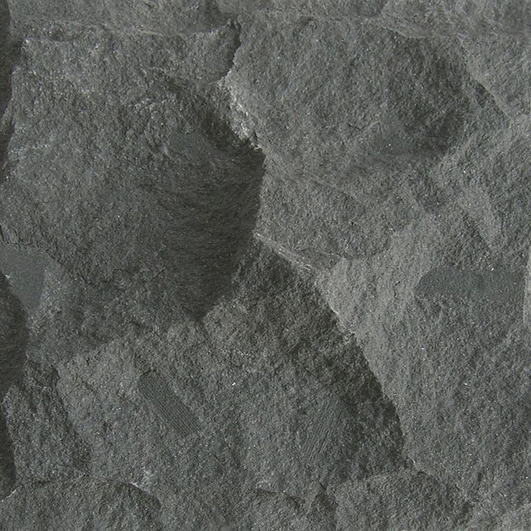 Color/Finish variation image for Sugus Black Sandstone. The surface finish shown is rockfaced. The dominant color shown is gray. The color mix creates a cool feeling. Streaked, fine speckled and speckled color patterns.