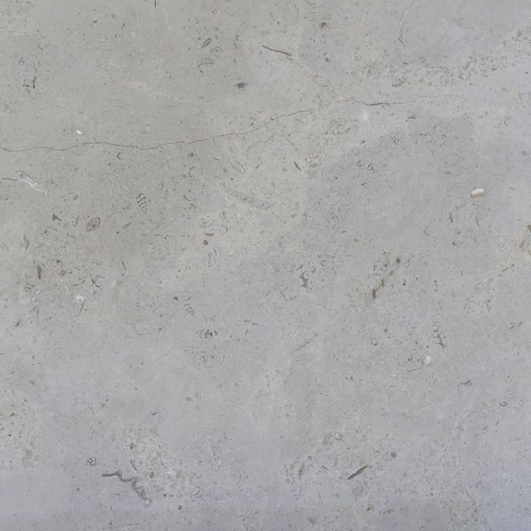 Feature image for Estrema Light Limestone. The dominant color shown is gray; with blue and white secondaries. The color mix creates a cool feeling. Regular, random and cloudy color patterns. Contains mineral inclusions.