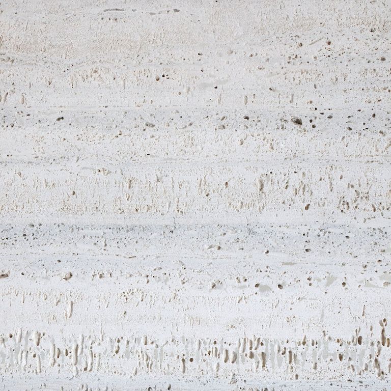 Color/Finish variation image for Travertine - Campione Silver. The surface finish shown is sand blasted. Dominant colors shown are gray and white; with beige and cream secondaries. The color mix creates a warm feeling. Linear color pattern. Contains voids.