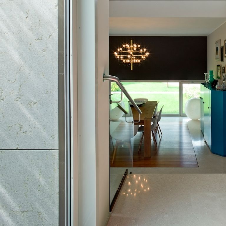 Application image for Veneto Beige Limestone - Interior Flooring. The image shows this product being used in an interior floor application. The surface finish shown is honed. Dominant colors shown are beige and cream. The color mix creates a warm feeling.