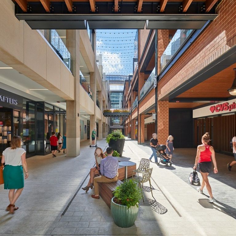 Application image for Veneto Olivo Limestone - Pavers. The image shows this product being used in a public area application. The surface finish shown is flamed. Dominant colors shown are beige and tan. The color mix creates a warm feeling.