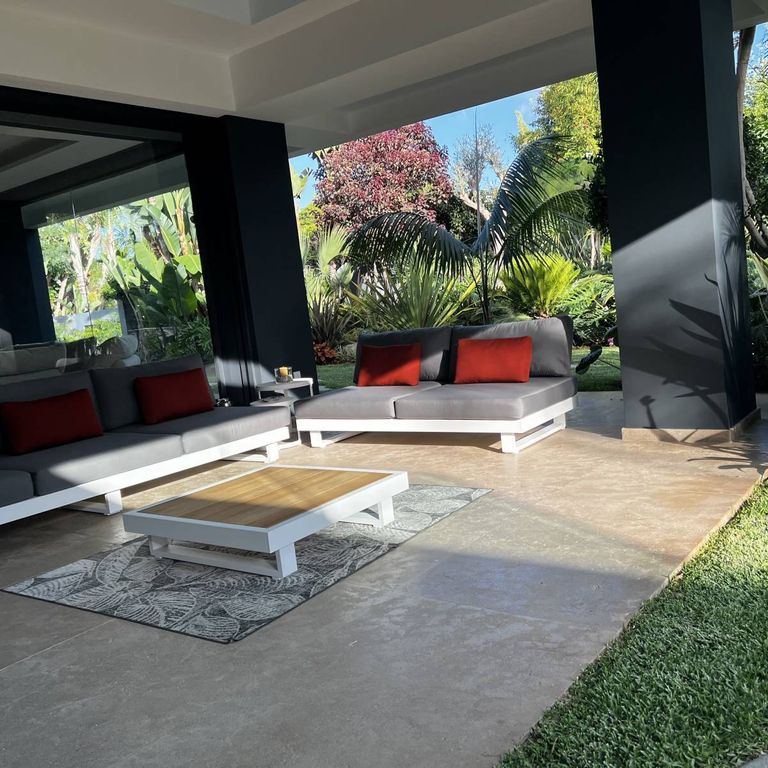 Application image for Rabat Beige Limestone - Pavers. The image shows this product being used in a patio pavers application. The surface finish shown is brushed. Dominant colors shown are beige and tan. The color mix creates a warm feeling.