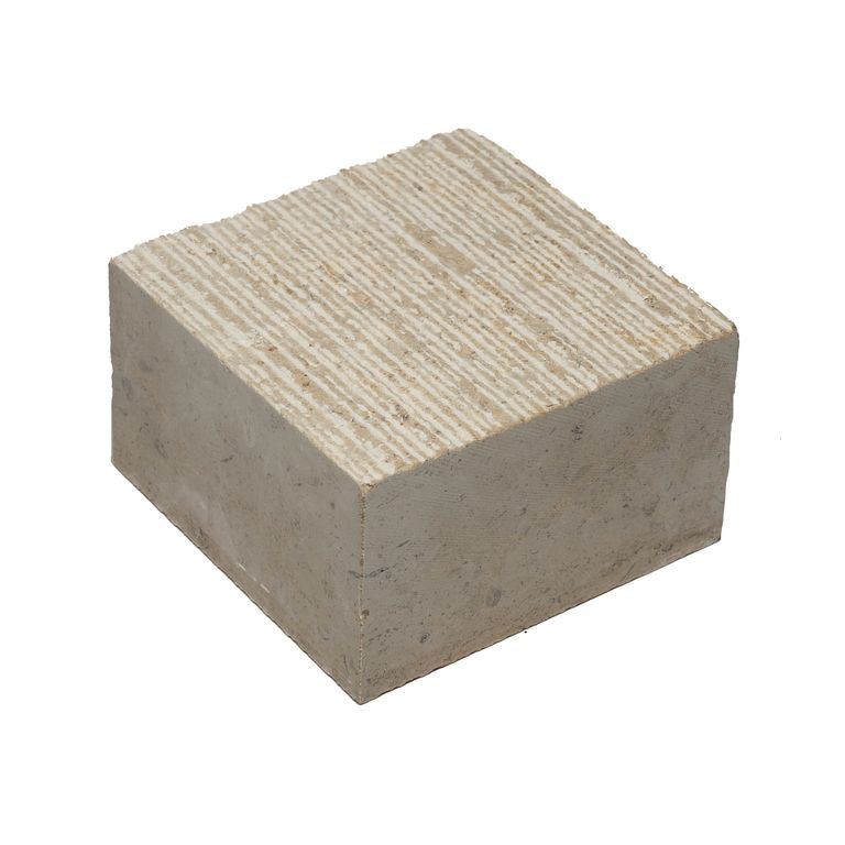 Oblique image for Portuguese Pacific Beige Limestone - Fine Scratched Cobblestone. The surface finish shown is scratched. Dominant colors shown are beige and tan. The color mix creates a warm feeling.