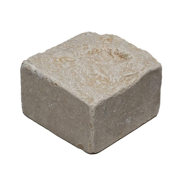 Oblique image for Portugese Amaza Estrema Limestone - Cobblestone - Splitface & Tumbled. The surface finish shown is . Dominant colors shown are beige and gray. The color mix creates a warm feeling.