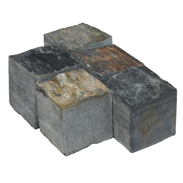 Oblique image for Black Schist Cobblestone - Natural Cleft Cubes. The surface finish shown is natural cleft. Dominant colors shown are black and gray. The color mix creates a cool feeling.