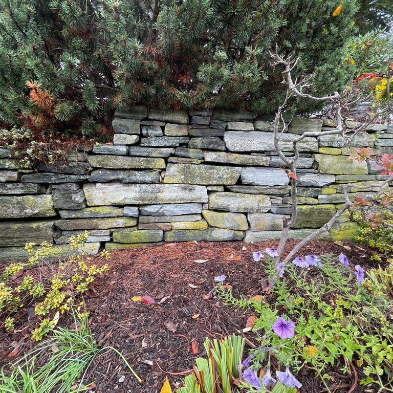 Application image for Mystic Mountain Natural - Wallstone. The image shows this product being used in a landscape wallstone application. The surface finish shown is split-face. The dominant color shown is gray; with brown, green and white secondaries. The color mix creates a warm feeling. Regular and streaked color patterns.