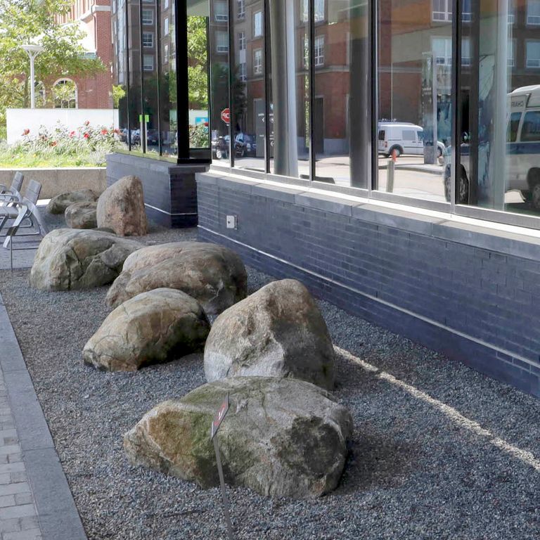 Application image for New England Fieldstone - Boulders. The image shows this product being used in a landscape boulders & ledge application. The surface finish shown is weathered. The dominant color shown is gray.