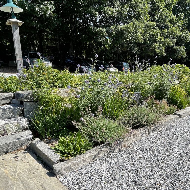 Application image for Reclaimed First Generation Granite Curbstone - Edging. The image shows this product being used in a landscape curbing & edging application. The surface finish shown is a combination of weathered and worn. The dominant color shown is gray.