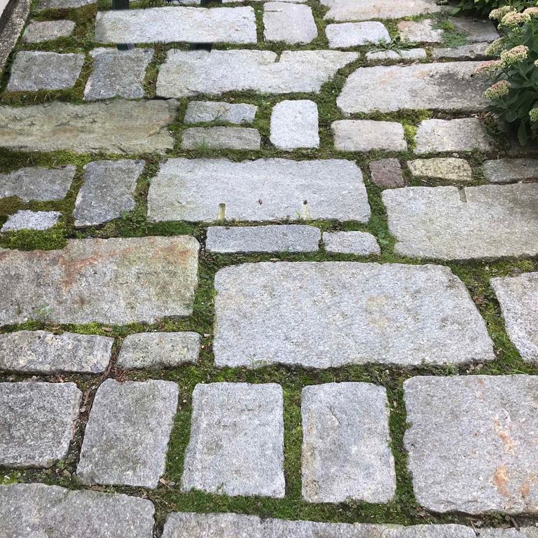 Application image for Reclaimed New England Granite Cobblestones - Super Jumbo Pavers. The image shows this product being used in a path pavers application. The surface finish shown is . The dominant color shown is gray. The color mix creates a warm feeling.