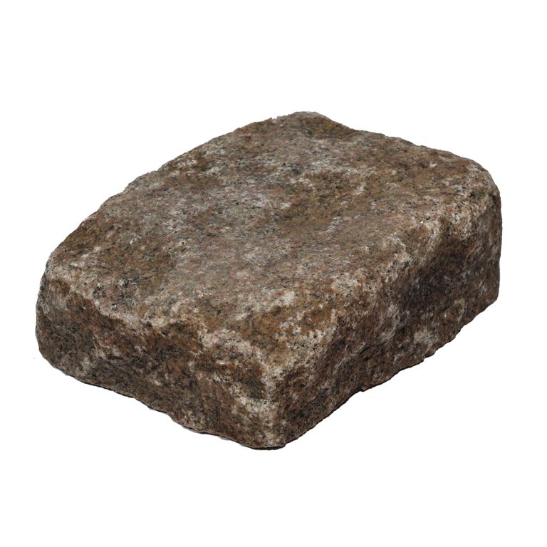 Oblique image for Reclaimed Swedish Granite Cobblestones - Worn Surface. The surface finish shown is . Dominant colors shown are brown and tan. The color mix creates a warm feeling.