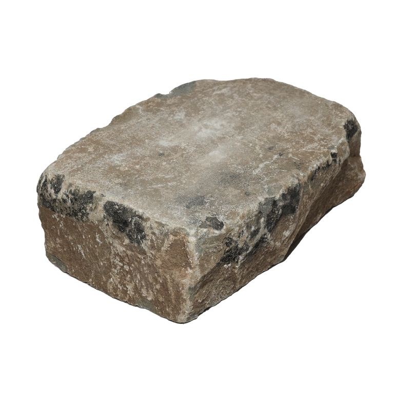 Oblique image for Reclaimed European Sandstone Cobblestones - Rectangle - Worn Surface. The surface finish shown is . Dominant colors shown are brown and gray. The color mix creates a warm feeling.
