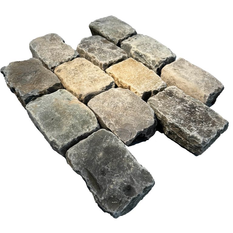 Application image for Reclaimed European Sandstone Cobblestones - Rectangle - Worn Surface. The surface finish shown is . Dominant colors shown are black and gray. The color mix creates a warm feeling.